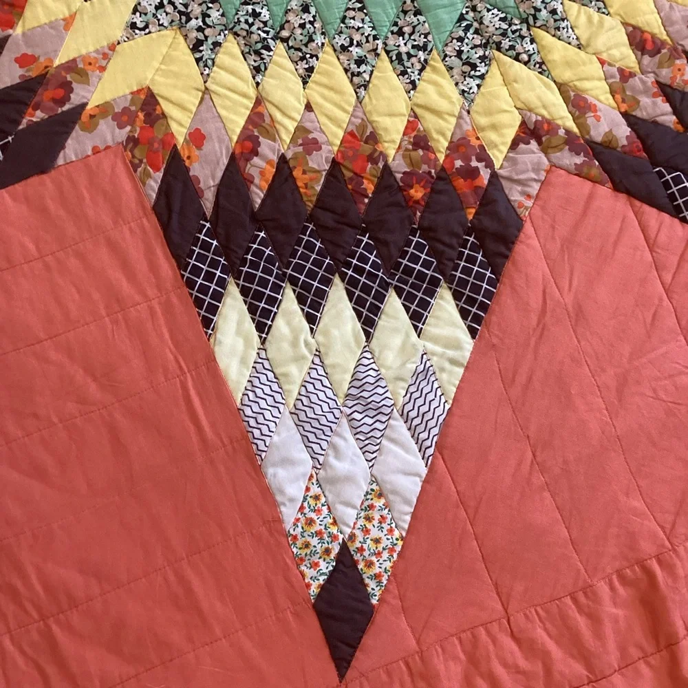 Vintage Lone Star Quilt Orange Brown Green 84”x90”